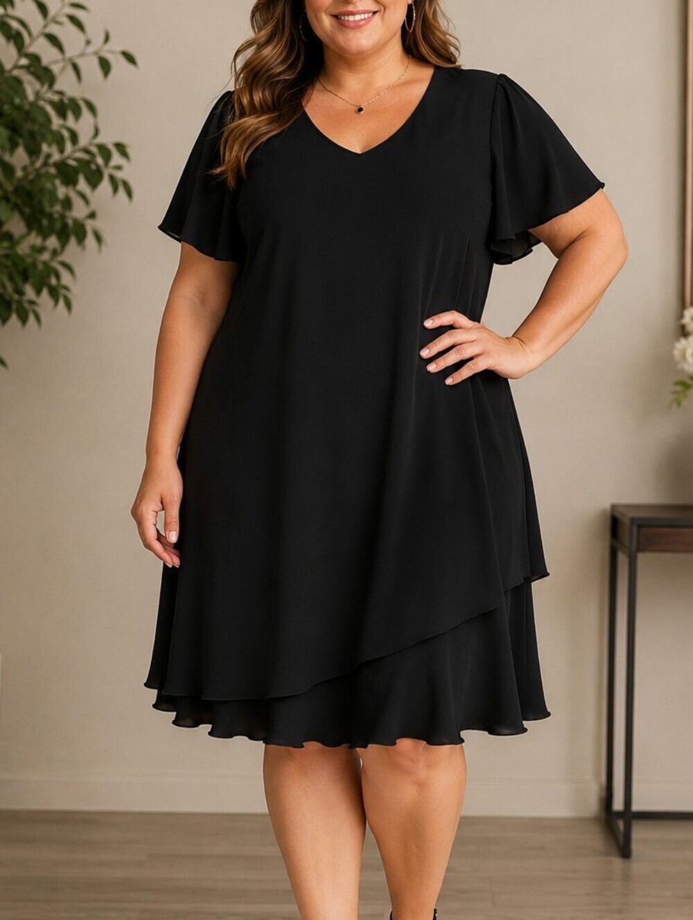 Vintage S.L. Fashions Black Dress 2X Flutter Sleeve Asymmetrical Layered LBD